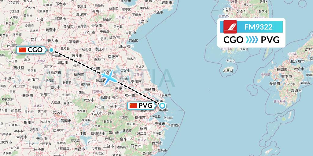 FM9322 Shanghai Airlines Flight Map: Zhengzhou to Shanghai