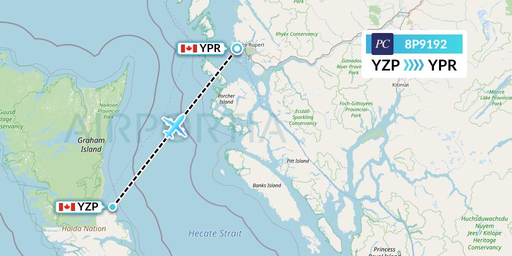 8P9192 Pacific Coastal Airlines Flight Map: Sandspit to Prince Rupert