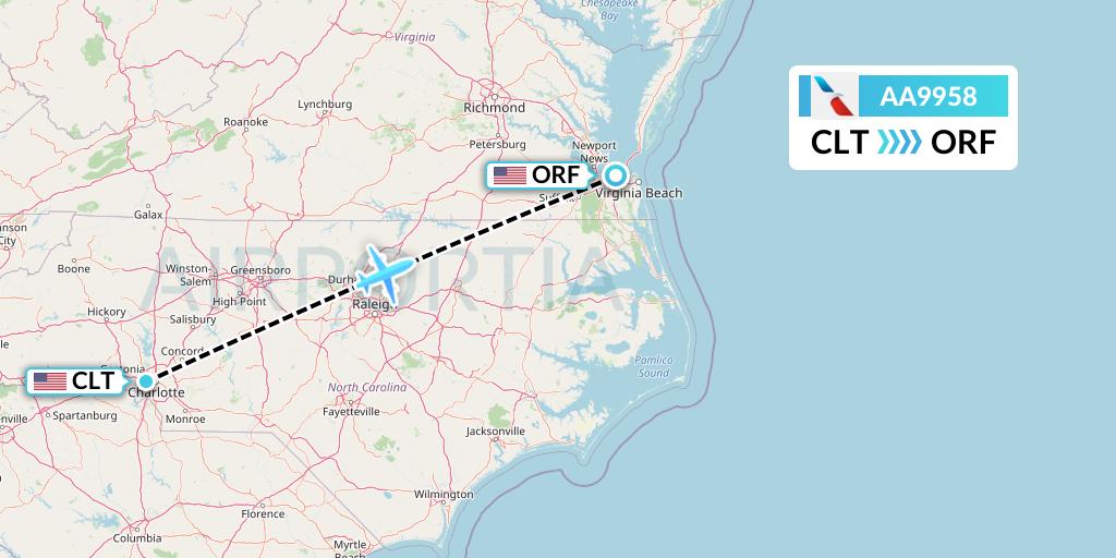 AA9958 American Airlines Flight Map: Charlotte to Norfolk