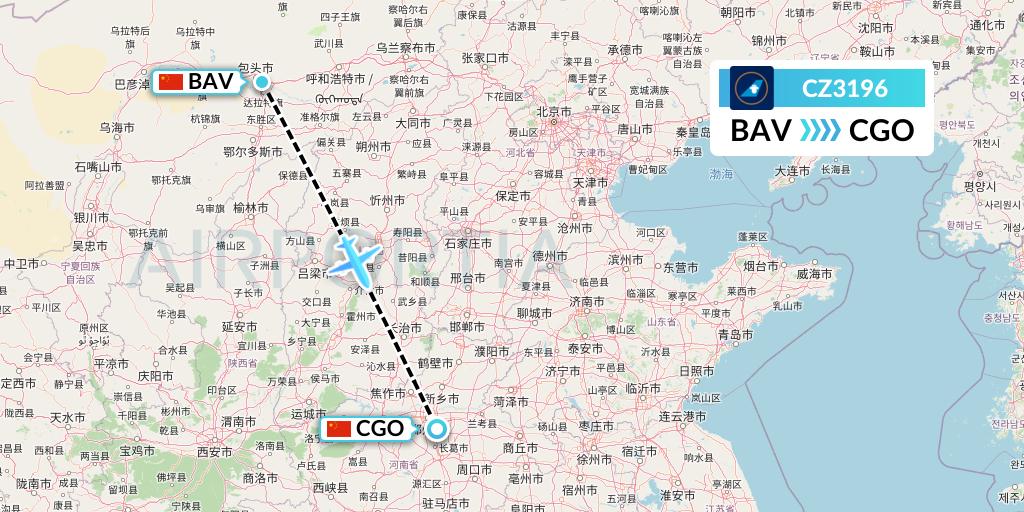 CZ3196 China Southern Airlines Flight Map: Baotou to Zhengzhou