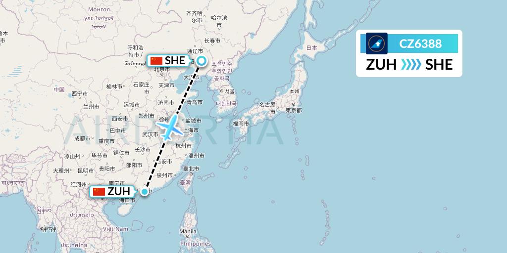 CZ6388 China Southern Airlines Flight Map: Zhuhai to Shenyang