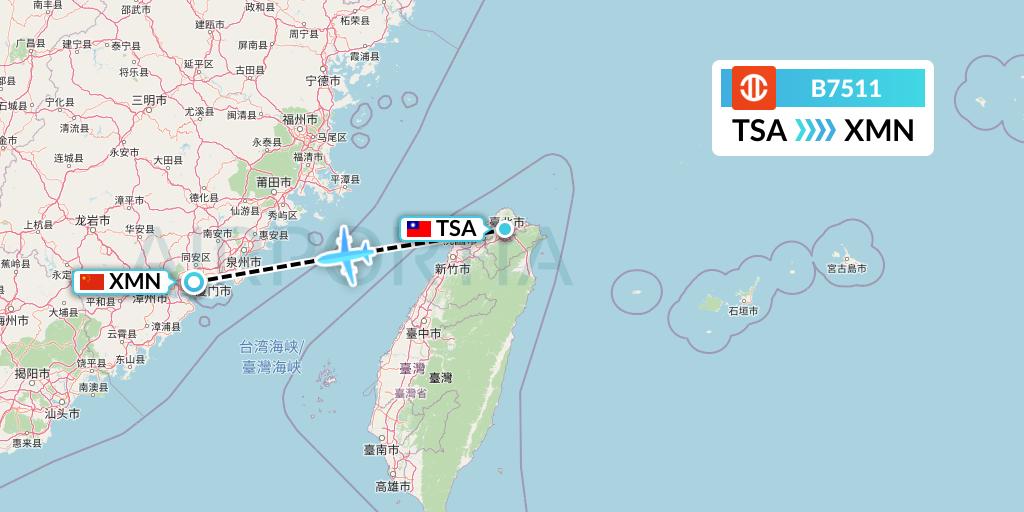 B7511 UNI Air Flight Map: Taipei to Xiamen