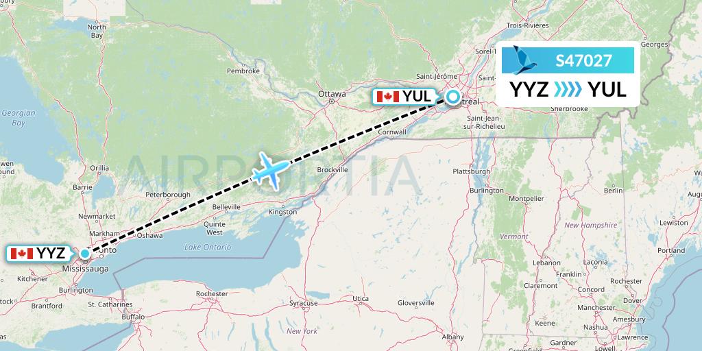 S47027 Azores Airlines Flight Map: Toronto to Montreal