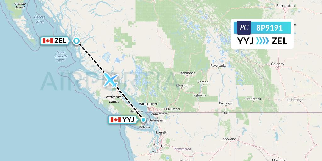 8P9191 Pacific Coastal Airlines Flight Map: Victoria to Bella Bella
