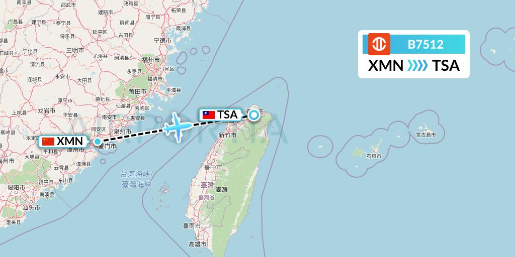 B7512 UNI Air Flight Map: Xiamen to Taipei