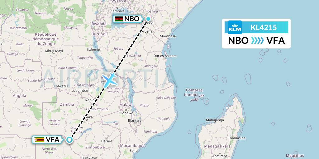 KL4215 KLM Flight Map: Nairobi to Victoria Falls