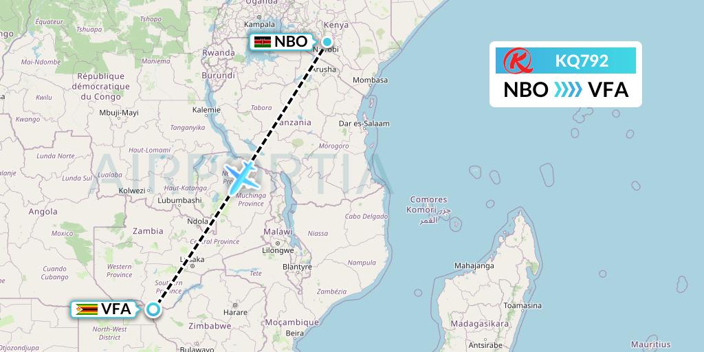 KQ792 Kenya Airways Flight Map: Nairobi to Victoria Falls
