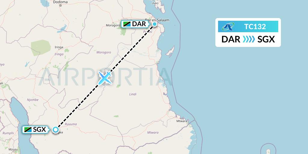 TC132 Air Tanzania Flight Map: Dar-es-Salaam to Songea