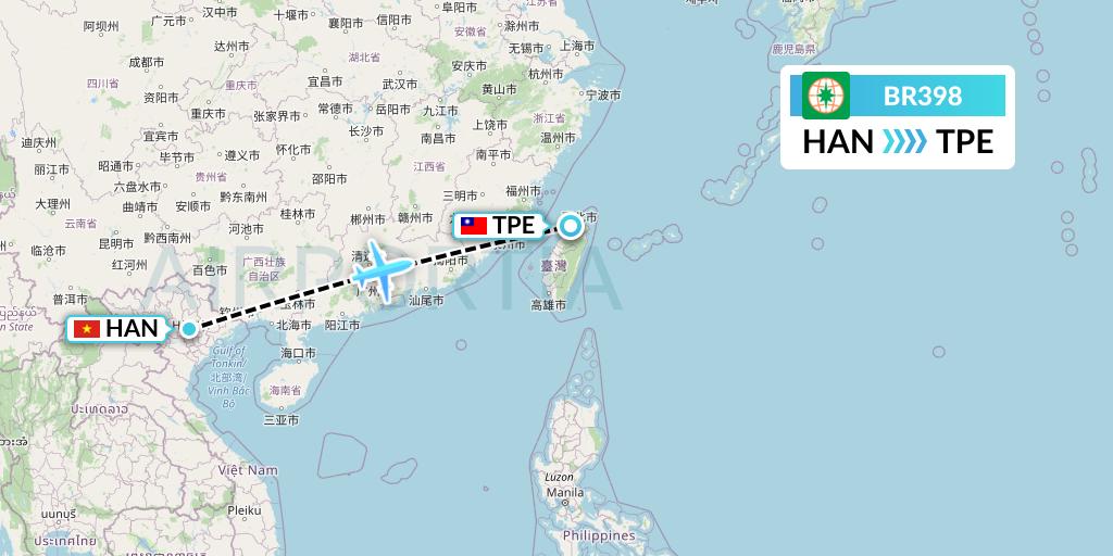 BR398 EVA Air Flight Map: Hanoi to Taipei