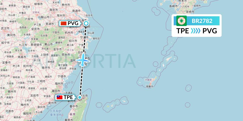 BR2782 EVA Air Flight Map: Taipei to Shanghai