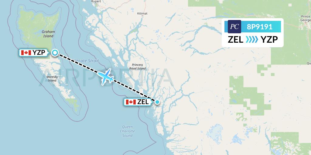 8P9191 Pacific Coastal Airlines Flight Map: Bella Bella to Sandspit