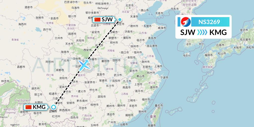 NS3269 Hebei Airlines Flight Map: Shijiazhuang to Kunming