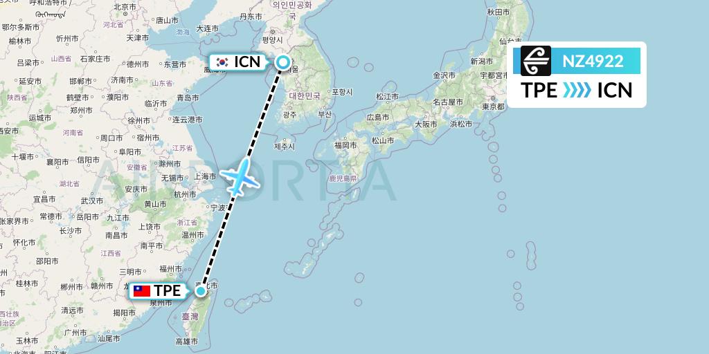 NZ4922 Air New Zealand Flight Map: Taipei to Seoul