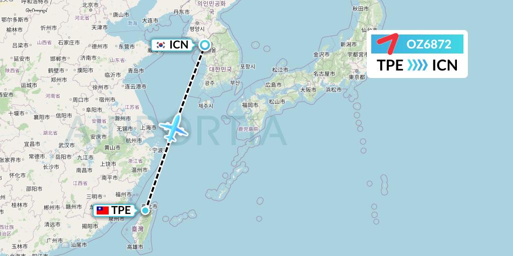 OZ6872 Asiana Airlines Flight Map: Taipei to Seoul