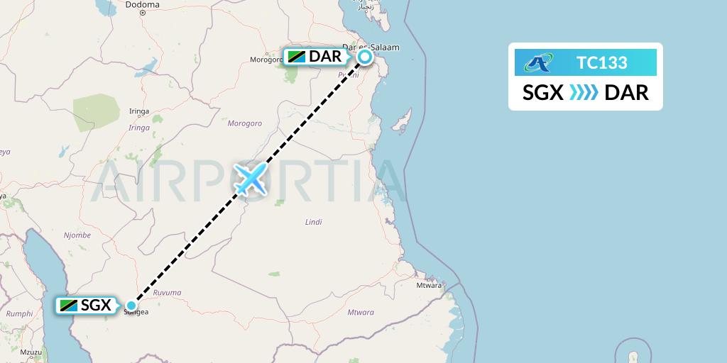 TC133 Air Tanzania Flight Map: Songea to Dar-es-Salaam