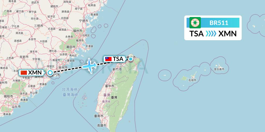 BR511 EVA Air Flight Map: Taipei to Xiamen