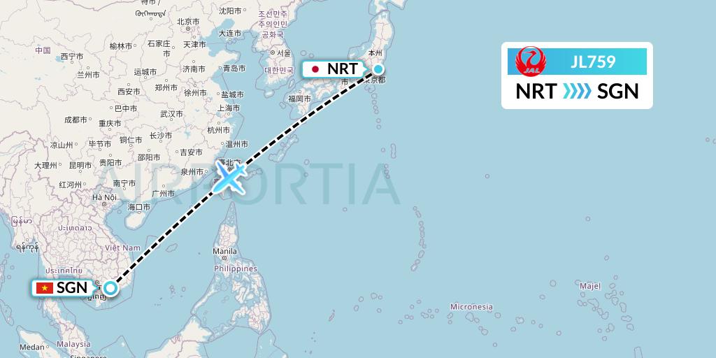 JL759 Japan Airlines Flight Map: Tokyo to Ho Chi Minh City