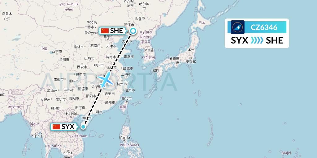 CZ6346 China Southern Airlines Flight Map: Sanya to Shenyang