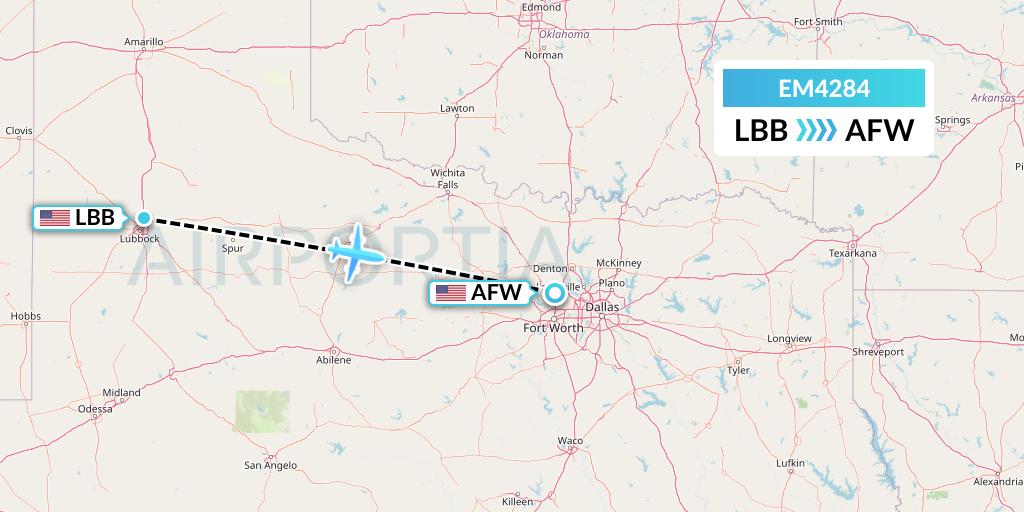 EM4284 Empire Airlines Flight Map: Lubbock to Fort Worth