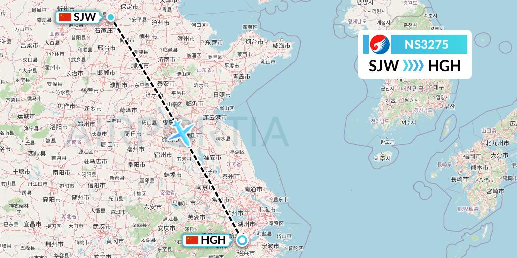 NS3275 Hebei Airlines Flight Map: Shijiazhuang to Hangzhou