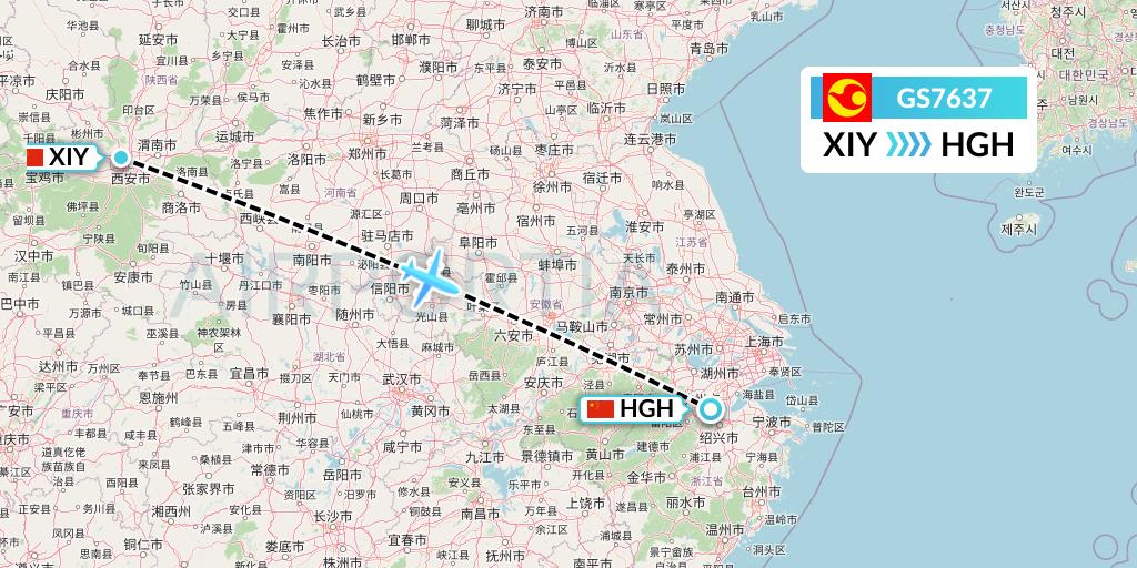 GS7637 Tianjin Airlines Flight Map: Xi'an to Hangzhou