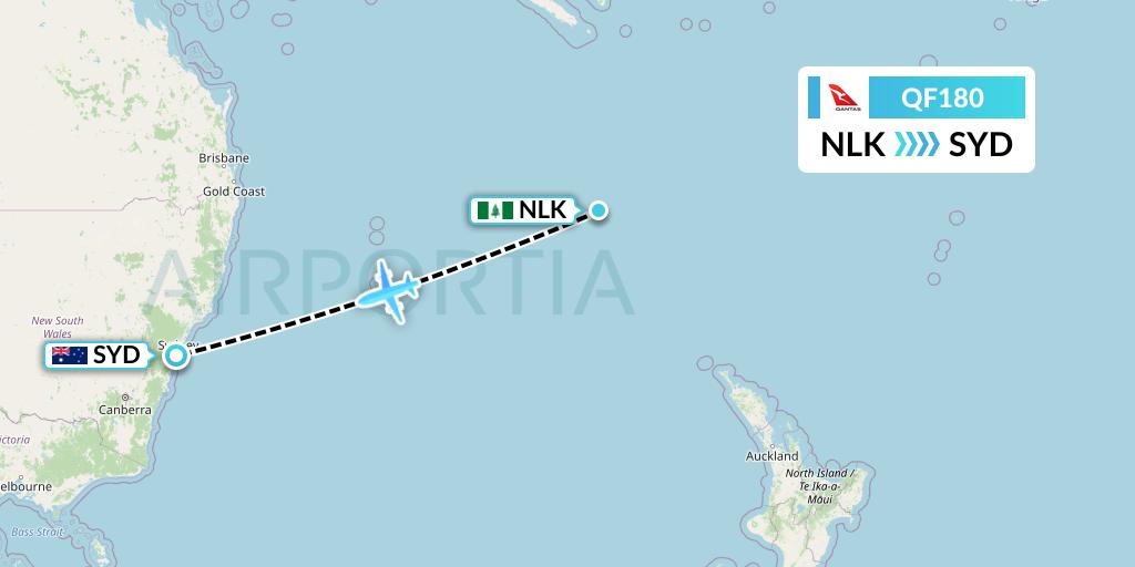 QF180 Qantas Flight Map: Norfolk Island to Sydney