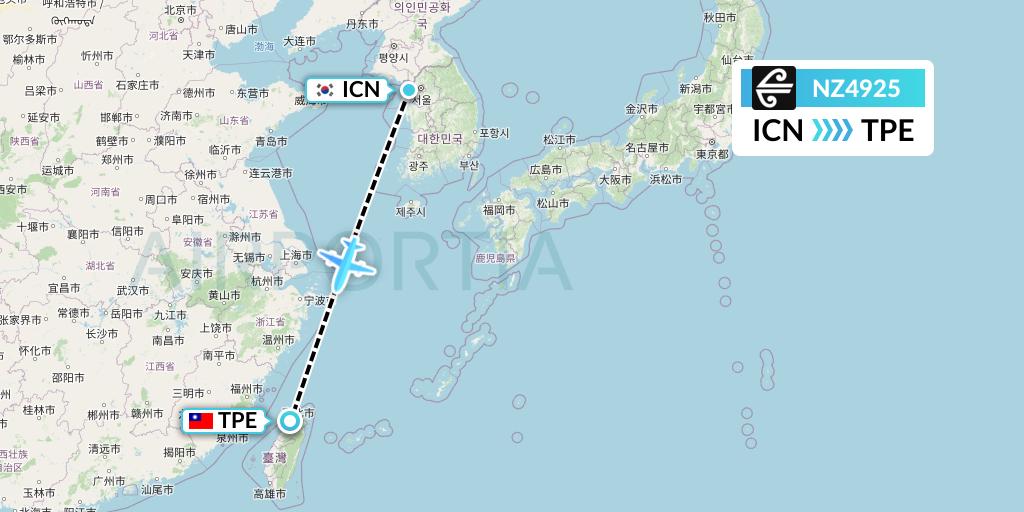 NZ4925 Air New Zealand Flight Map: Seoul to Taipei
