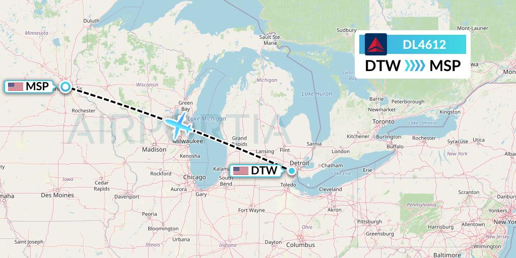 DL4612 Delta Air Lines Flight Map: Detroit to Minneapolis