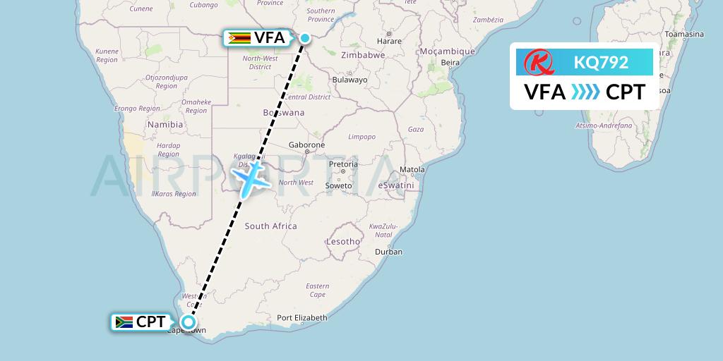 KQ792 Kenya Airways Flight Map: Victoria Falls to Cape Town