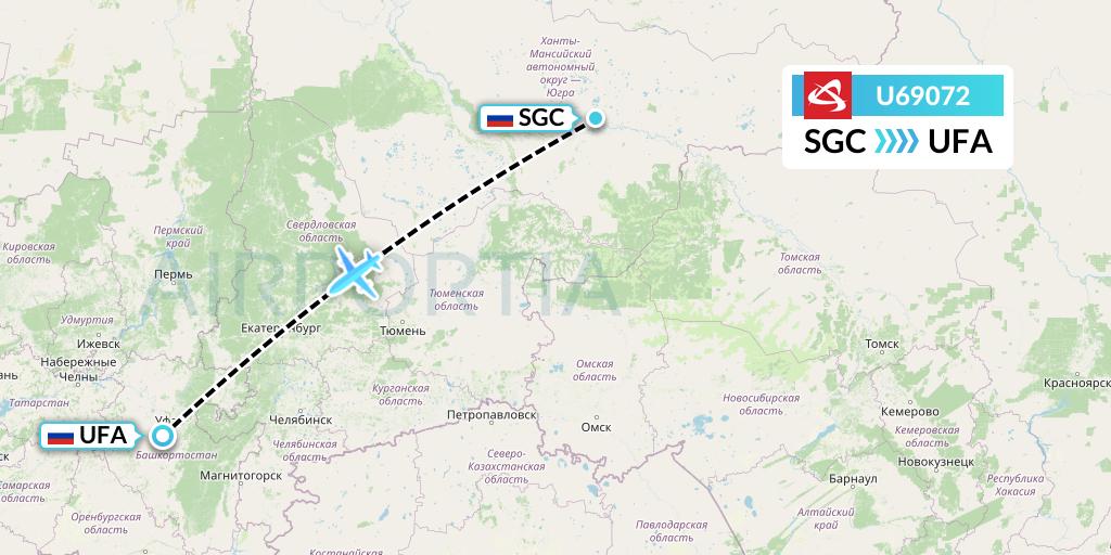 U69072 Ural Airlines Flight Map: Surgut to Ufa