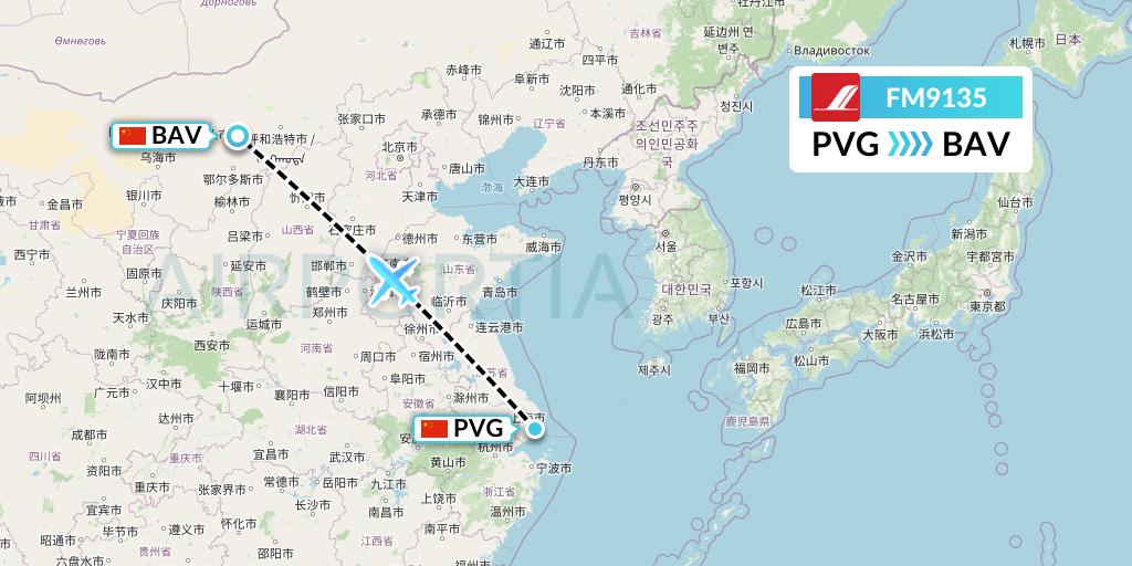 FM9135 Shanghai Airlines Flight Map: Shanghai to Baotou