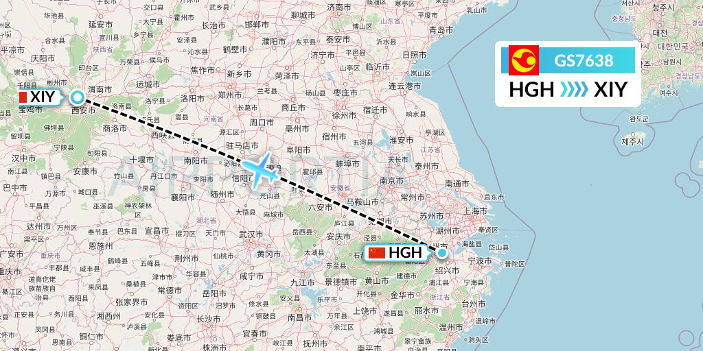 GS7638 Tianjin Airlines Flight Map: Hangzhou to Xi'an