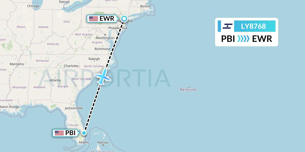 LY8768 El Al Flight Map: West Palm Beach to New York