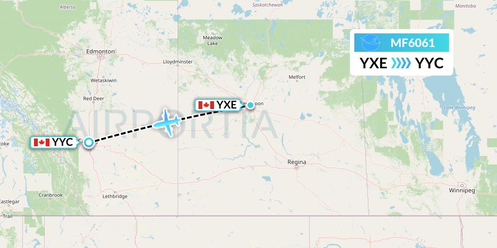 MF6061 Xiamen Airlines Flight Map: Saskatoon to Calgary