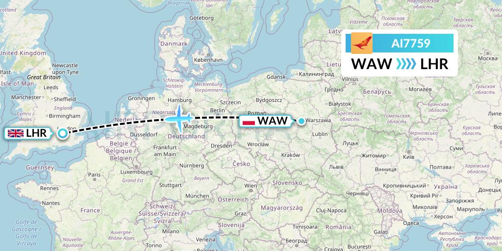 AI7759 Air India Flight Map: Warsaw to London