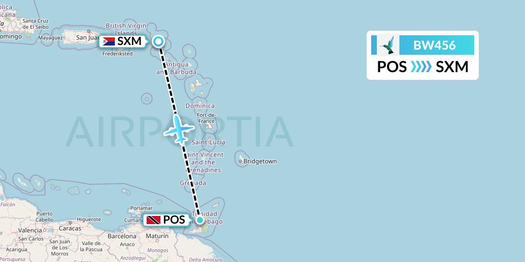 BW456 Caribbean Airlines Flight Map: Port of Spain to Sint Maarten
