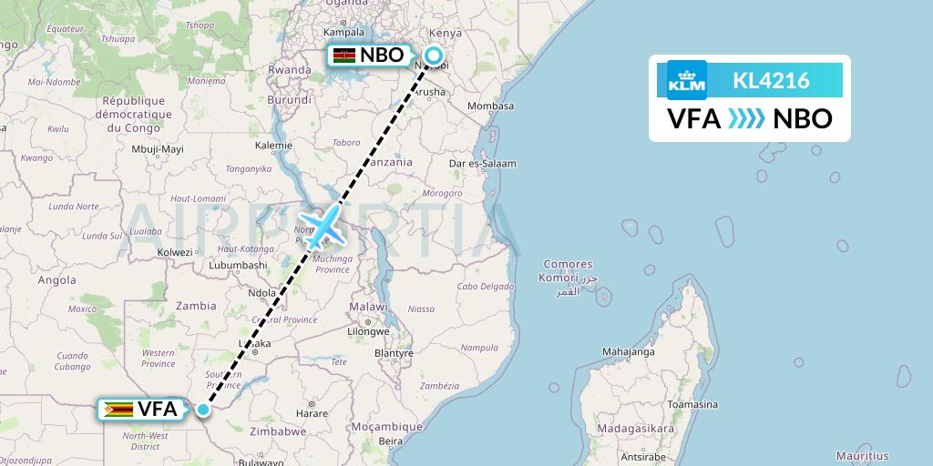 KL4216 KLM Flight Map: Victoria Falls to Nairobi