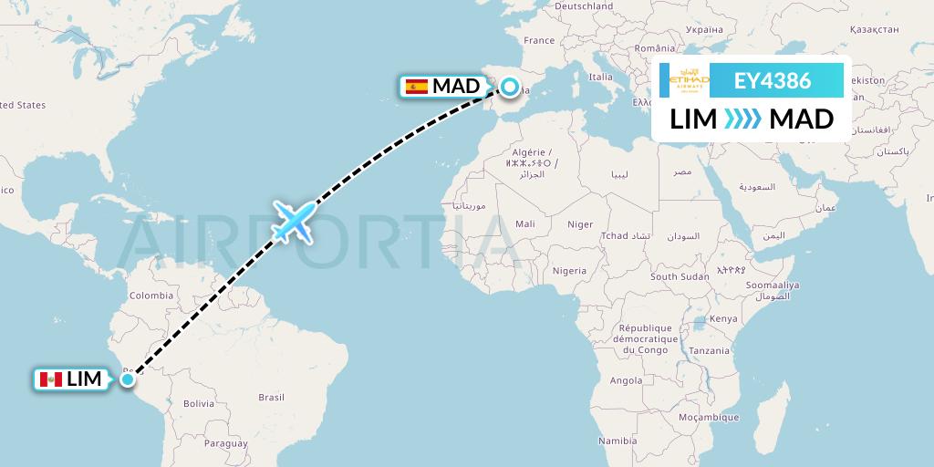 EY4386 Etihad Airways Flight Map: Lima to Madrid