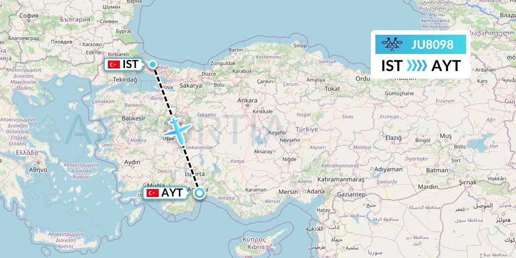 JU8098 AirSERBIA Flight Map: Istanbul to Antalya