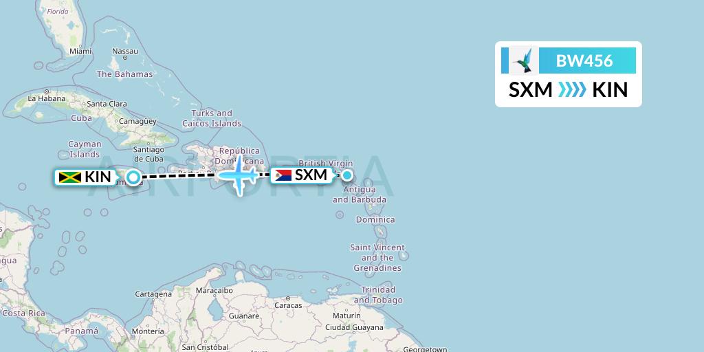 BW456 Caribbean Airlines Flight Map: Sint Maarten to Kingston