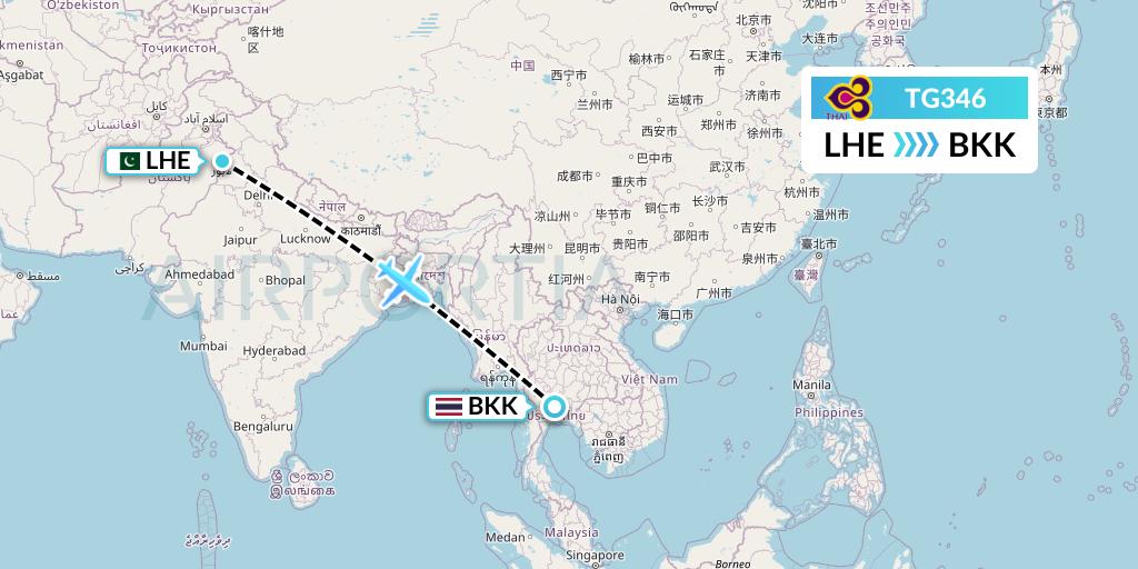TG346 Thai Airways Flight Map: Lahore to Bangkok