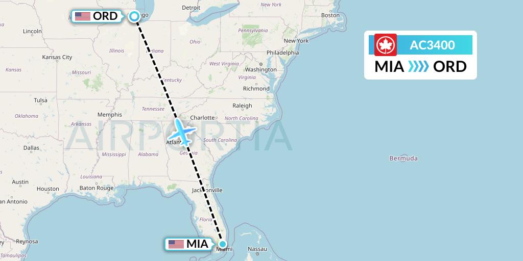 AC3400 Air Canada Flight Map: Miami to Chicago