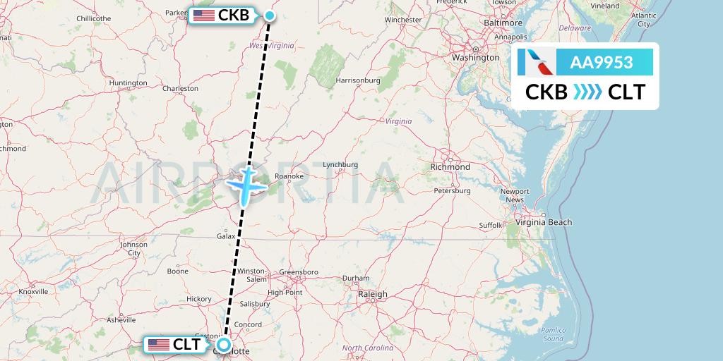 AA9953 American Airlines Flight Map: Clarksburg to Charlotte