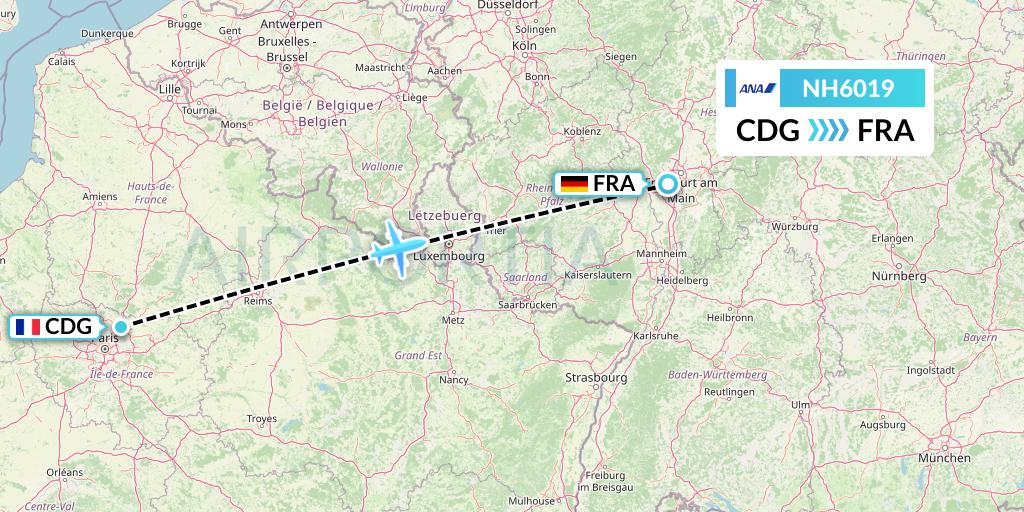 NH6019 All Nippon Airways Flight Map: Paris to Frankfurt
