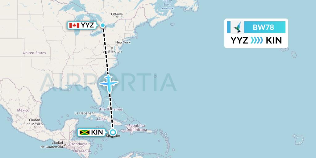 BW78 Caribbean Airlines Flight Map: Toronto to Kingston