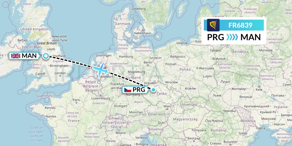 FR6839 Ryanair Flight Map: Prague to Manchester