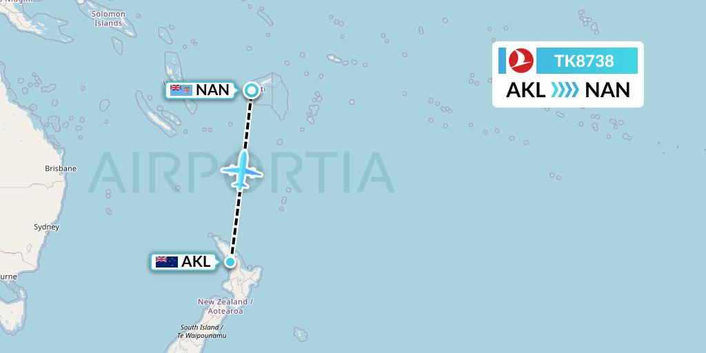 TK8738 Turkish Airlines Flight Map: Auckland to Nadi
