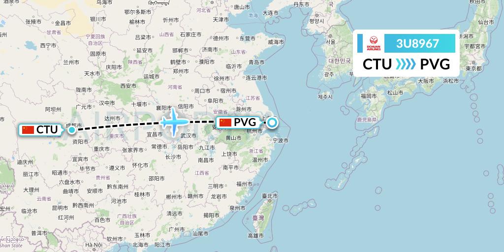 3U8967 Sichuan Airlines Flight Map: Chengdu to Shanghai