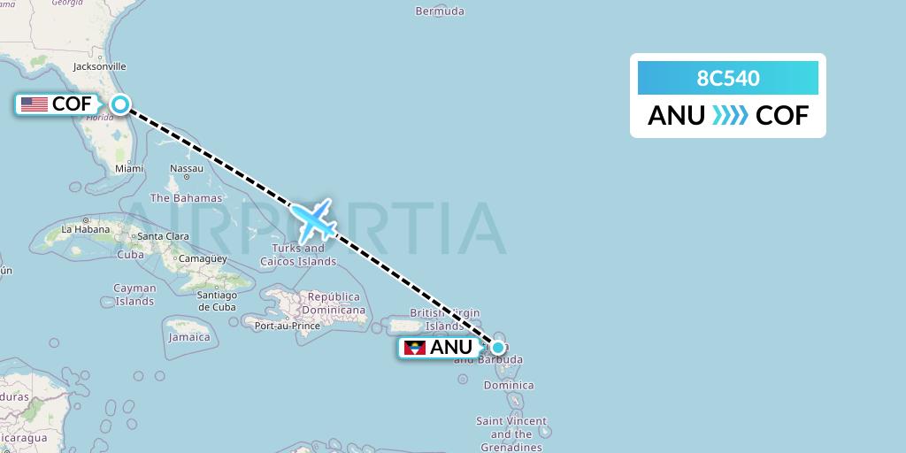 8C540 Air Transport International Flight Map: Antigua to Cocoa