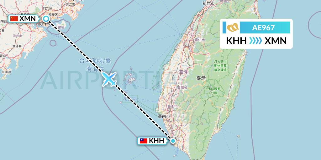 AE967 Mandarin Airlines Flight Map: Kaohsiung to Xiamen